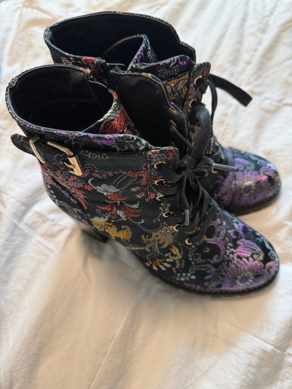 Diba Black Lace-Up Floral Brocade Boots with Purple & Gold Accents